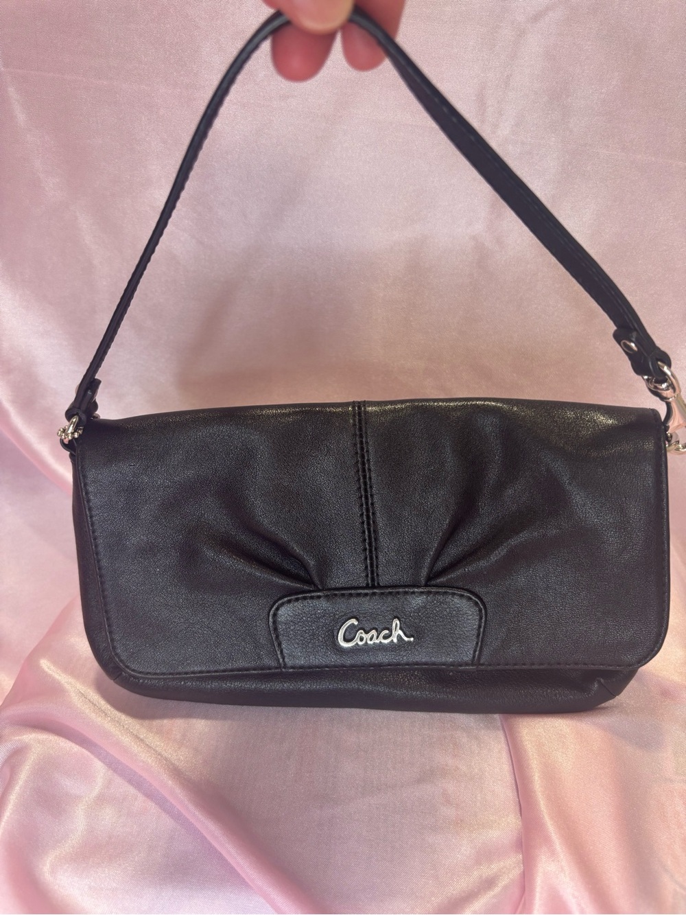 Coach Black Leather Mini Baguette Shoulder Bag with Silver Logo